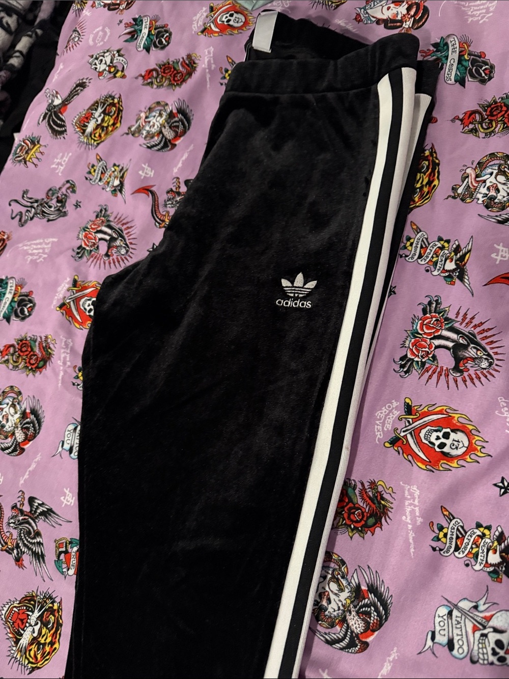 adidas Black Velour Joggers with White Stripes